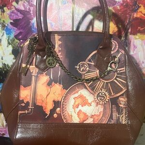 Sharif Brown Travel-Map Satchel Handbag